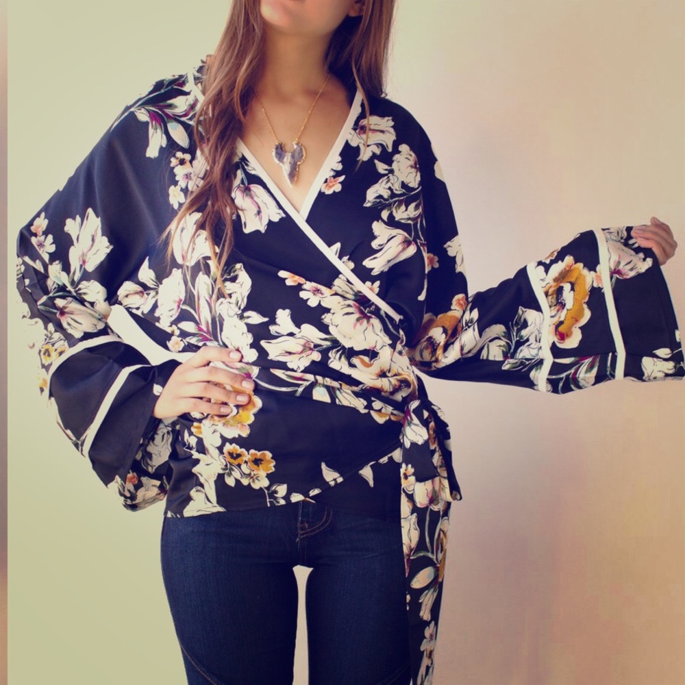 Navy blue kimono wrap shirt